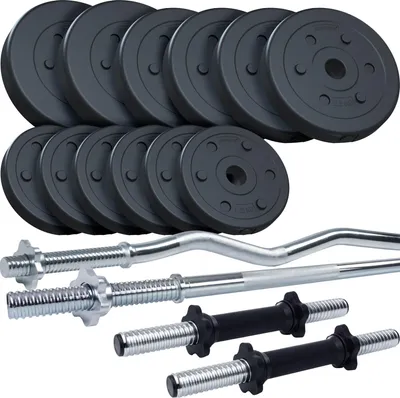 Produktbild von ScSPORTS® Hantelset - 45 kg, Verstellbar, 2 Kurzhanteln, Langhantelstange, SZ Stange, 5 kg, 2,5 kg und 1,25 kg Gewichte, Ø31 mm, Kunststoff - Hantel-set, Hantelstangen mit Gewichten, Langhantel