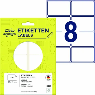Produktbild von Avery Zweckform 3337, Vielzweck-Etiketten, 54 x 35 mm, 224 Etiketten / 28 Bögen, Weiß