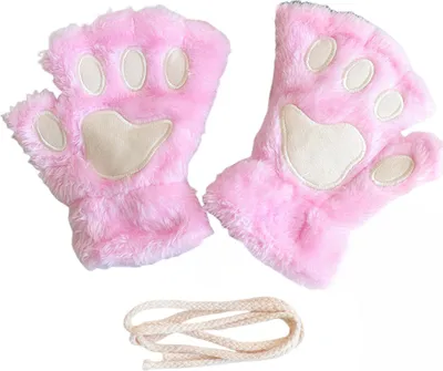 Produktbild von Damen-Katzenpfoten-Handschuhe, niedliche, flauschige, warme Halbfingerhandschuhe, Winter-Plüschhandschuhe mit Tierpfoten für Mädchen und Teenager, geeignet für Cosplay, Kostümpartys und den Alltag