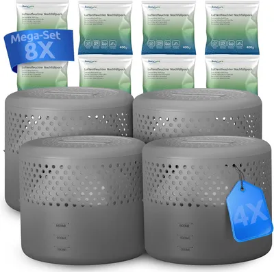 Produktbild von 4 x Luftentfeuchter ohne Stromversorgung + 8 x 400 g Nachfüllpackungen für Luftentfeuchter - Luftentfeuchter für bis zu 40 m², geeignet für Keller
