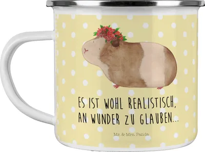 Produktbild von Mr. & Mrs. Panda Emaille Tasse Meerschweinchen Weisheit - Gelb Pastell - Geschenk, Reisebecher, Pott, Teetasse, Wunderland, Lustige Sprüche, Wunder, Motivation, becher