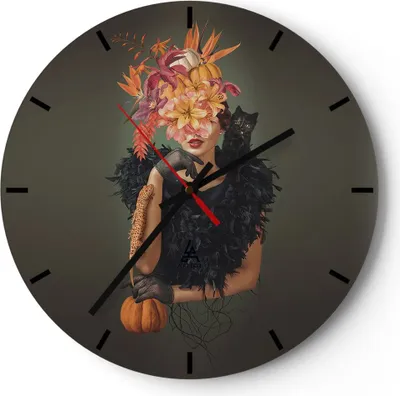 Produktbild von Wanduhr - Rund - Glasuhr - Frau Katze Blumen - 30x30cm - Schleichendes Uhrwerk - Lautlos - zum Aufhängen bereit - Dekoration Modern - Wanddekoration aus Glas - C3AR30x30-4825