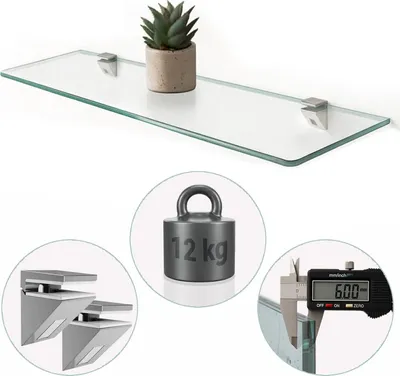 Obrázok produktu pre Sklenená polica 60x13 cm – kvalitná nástenná polička z 6 mm tvrdeného skla s chrómovanými držiakmi, moderná sklenená polica do kúpeľne, kuchyne a obývačky