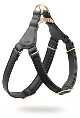 Produktbild von Jala Hundegeschirr Schwarz S (26–38 cm Brust, 15–25 cm Hals) – Step-In Geschirr aus veganem Lignify® Leder, handgemacht in Europa, mit Zamak-Sicherheitsverschluss, nachhaltig & stabil