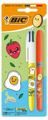Image de Stylo à bille 4 couleurs Kawaii mix + surligneur orange BIC