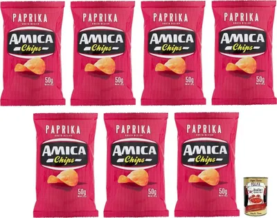 Produktbild von 7x Amica Chips Patatine Paprika,Kartoffelchips mit Paprika Geschmack,Salziger Snack Glutenfrei 50g-Beutel + Italian Gourmet Polpa di Pomodoro 400g Dose