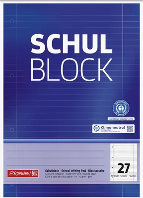 Zdjęcie produktu dla BRUNNEN 105260701 "Notatnik szkolny" z recyklingu A4 w linie, z linią marginesu wewnątrz i na zewnątrz, Lin. 27