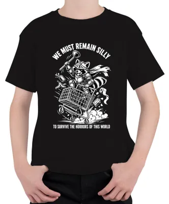Produktbild von We Must Remain Silly Raccoon Ritter Einkaufswagen Trash Panda Fun Kinder T-Shirt, Schwarz, 128