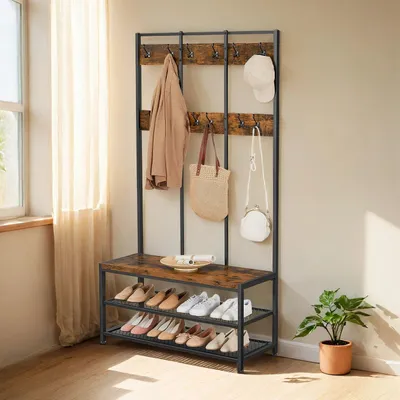 Zdjęcie produktu dla Wieszak na ubrania w rustykalnym stylu – garderoba w stylu industrialnym – 12 haczyków i szafka na buty – 100 x 40 x 184 cm