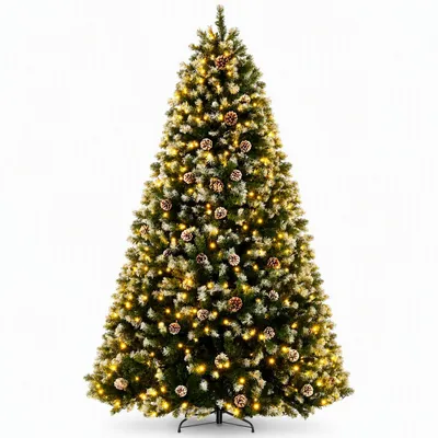 Image de Arbre de Noël artificiel, 183 cm de haut, illuminé par 250 LED, avec effet neige, 8 modes d'éclairage, 756 extrémités, 51 cônes de sapin, système pliable en 3 parties, ignifuge