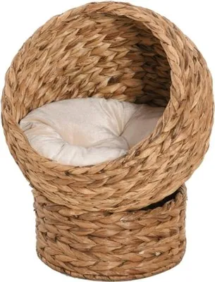 Produktbild von Braun 50x42x60 cm Rattan Katzenkorb Katzenhoehle Katzenhuette Katzenbett Mit Kissen Haustierbett Wasserhyazinthe