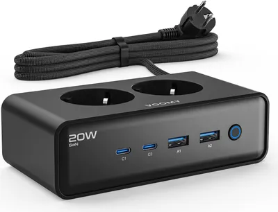 Produktbild von Voomy 6-in-1 Steckdosenleiste 20W USB-C – 2-Fach mit 4 USB – 4000W – Schalter & Überspannungsschutz – 2M Kabel – Schwarz, 2 m, Drinnen, Acrylnitril-Butadien-Styrol (ABS), Polycarbonat (PC), Schwarz, 2 AC-Ausgänge, 220 - 250 V