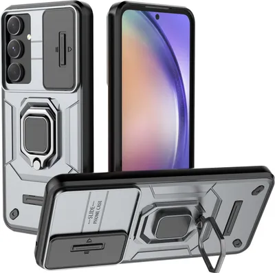 Produktbild von Hülle für Samsung Galaxy A55 Dual Layer Handyhülle Schiebe Kamera Schutz und Ringhalter Ständer Grau