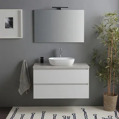 Immagine prodotto di Mobile bagno sospeso 80cm bianco lucido top beton moderno | Benaco