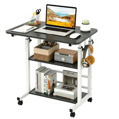 Produktbild von Höhenverstellbarer Betttisch mit Rollen 40×80×56–82 cm,3 Ebenen, Stabiler H-Stahlrahmen,Mobiler Laptop Pflegetisch mit Feststellbaren Rädern,Schwarz