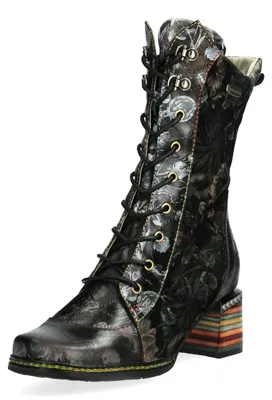 Produktbild von Laura Vita Damen Stiefelette bunter Blockabsatz Blumenmuster mit Prägungen IBCANO 15, Größe:38 EU, Farbe:Schwarz