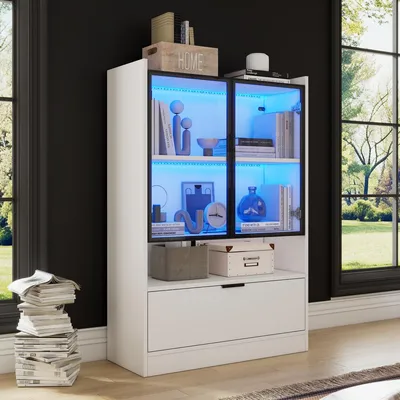 Immagine prodotto di Vetrina LED, modello "standvitrine" con illuminazione a LED. Mobile contenitore per il soggiorno con ante in vetro e sportello a ribalta. Vetrina espositiva, colore bianco, dimensioni 80x35x120 cm