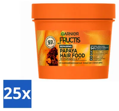 Imagen del producto de 25 unidades de Garnier Fructis Hair Food, mascarilla para el cabello 3 en 1, sabor papaya, 400 ml. Paquete económico