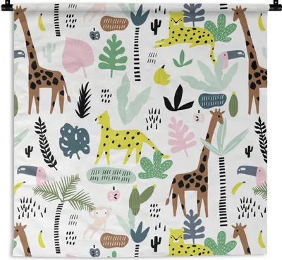 Produktbild von MuchoWow® Wandteppich Wandbehang Dschungel - Giraffe - Affe 150x150 cm Tapisserie Dekoration Wandtuch - Wohnaccessoires - Modernes