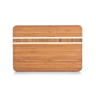 A bamboo cutting board with a decorative stripe is shown against a white background.