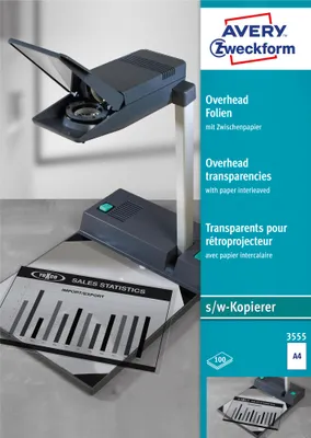 Produktbild von Avery Zweckform 3555 Overhead-Folien, DIN A4, unbeschichtet, mit Zwischenpapier, nur für Einzelblatteinzug, Stärke: 0,10 mm, 100 Blatt