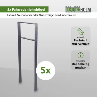 Produktbild von 5 x Fahrradanlehnbügel 116,5 x 39 cm Flachstahl 13 mm Anthrazit Einbetonieren Fahrradständer Parker Typ H