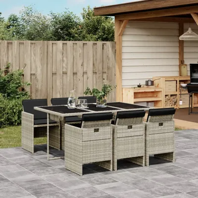 Produktbild von Design 7-tlg. Garten-Essgruppe mit Kissen Hellgrau Poly Rattan, Gartenmöbel-Sets 2024 Neu