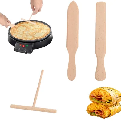Produktbild von Ein 3-teiliges Holz-Werkzeugset für Crêpes, bestehend aus einem Teigverteiler und einem Pfannenwender