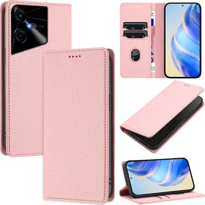 Produktbild von Litchi Leder Handyhülle für Tecno Pova Neo 3 Wallet Kartenfächer Standfunktion Hülle Pink