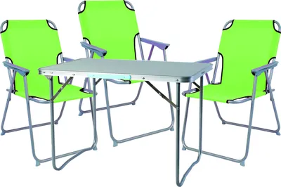 A set of camping furniture including a table and chairs, displayed on a white background.