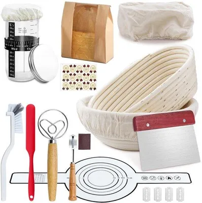 Productafbeelding van 12-delige Complete Starterset voor Zuurdesem - Ovale Broodmand 25 cm, Ronde Broodmand 23 cm, Siliconen Broodsteun, Gistfermentatiepot, D