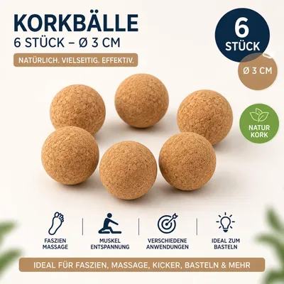 Produktbild von 6 Korkbälle Ø 3 cm Naturkork Faszienbälle Massagebälle Kickerbälle Bastelbälle Korkkugeln Physiotherapie, KI-generiertes Bild