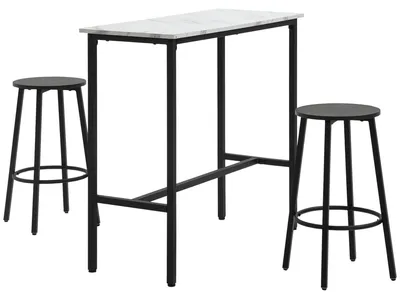 Image de Ensemble de table de bar avec 2 tabourets - 3 pièces - Table de cuisine et table à manger - Structure en métal - Blanc et noir