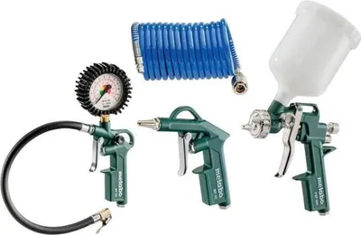 Produktbild von Druckluft Werkzeug Set, METABO LPZ 4 Set, Ausblaspistole, Reifenfüller, Farbspritzpistole, Spiralschlauch 4,9 m