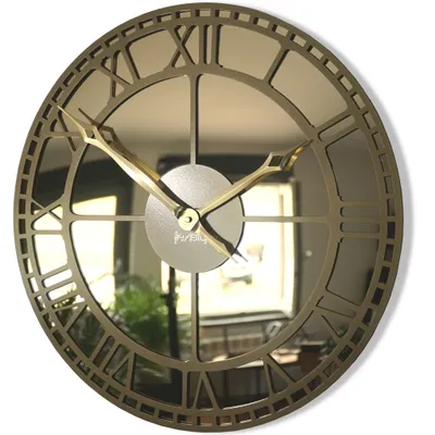 A close-up shot of a decorative wall clock with Roman numerals and a mirrored face.