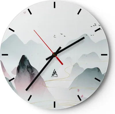 Produktbild von Wanduhr - Rund - Glasuhr - Berge Vögel Modern - 30x30cm - Schleichendes Uhrwerk - Lautlos - zum Aufhängen bereit - Dekoration Modern - Wanddekoration aus Glas - C3AR30x30-4822
