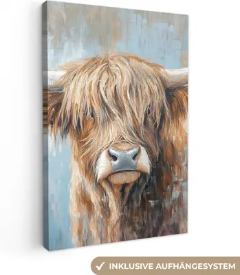 Produktbild von Wanddeko 80x120 cm - Schottisches Hochlandrind - Tiere - Kuh - Straßenkunst, Deko Wohnzimmer, Leinwand Bilder