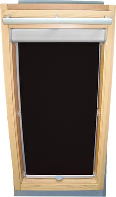 A black roller blind is installed in a wooden framed skylight window.