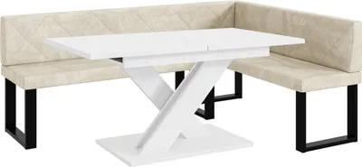 Produktbild von MEBLINI Eckbank für Esszimmer mit ausziehbarem Tisch - Küchenbank - Essecke - Sitzecke Küche - ERIC - U-Beine 142x196x87cm Rechts - Creme Samt/B Weiß Matt