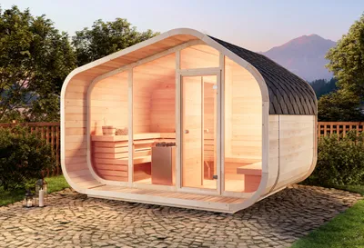 Produktbild von FinnTherm Fasssauna ScandiCube Wave Premium, Outdoor Sauna mit Glasfront, Außensauna - Thermoholz, Mit Zwischenwand