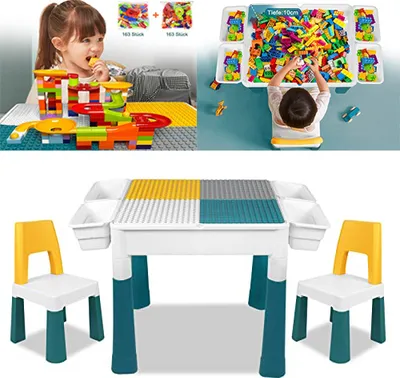 Produktbild von YARDIN Kinder Tisch Stuhl Set 6-in-1 Kindertisch mit 2 Stühle Doppelseitiger Tischplatte Bausteine Spieltisch Aktivitätstisch mit Multifunktionaler Stauraum für Kinder Lernen Spielen Kindermöbel