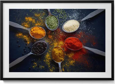 Produktbild von Küchenlöffel mit bunten Gewürzen– Wandbild mit Rahmen – Gerahmtes Bild  – Wanddekoration – 100x70 cm –  Schwarz Rahmen