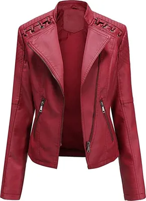 Produktbild von ASKSA Damen Kunstlederjacke Kunstleder Casual Slim Bikerjacke Jacke Reißverschluss Motorrad Outwear, Rot, 3XL