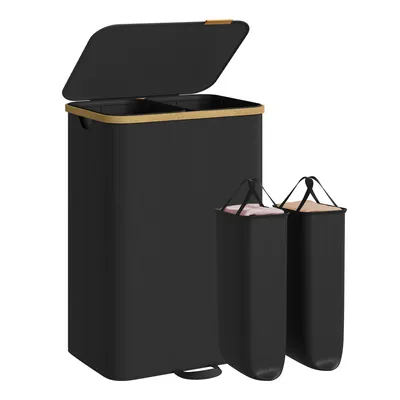 Produktbild von SONGMICS Wäschekorb mit Deckel, Wäschesammler, Wäschesortierer, Wäschesack herausnehmbar, 2 Fächer, 150 Liter, schwarz