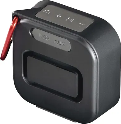 A black Hama Bluetooth speaker with a red carabiner clip attached.