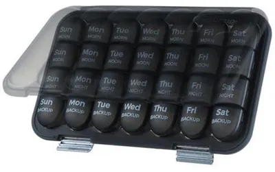 Immagine prodotto di Organizzatore di pillole per 7 giorni, 4 volte al giorno, con 28 scomparti, trasparente, colore nero