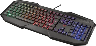 A gaming keyboard with RGB lighting.