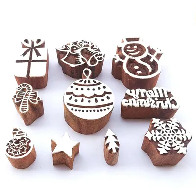 Image de Jeu de tampons en bois - Avec différents motifs - Pour la création et la décoration - 10 pièces