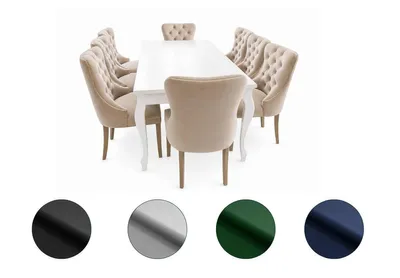 Produktbild von Ausziehbarer Tisch Alan 200–300x100 Weiß + 8 elegante Stühle Madame 2 Beige – Knopfsteppung, goldene Ziernieten, gerade Beine in hellem Rustikalstil