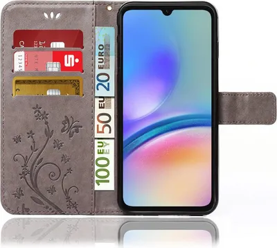Produktbild von Handy Tasche für Samsung Galaxy A06 Schutz Hülle Handyhülle mit Blumenmuster Klapp Hülle mit Standfunktion und Kartenfächer Grau